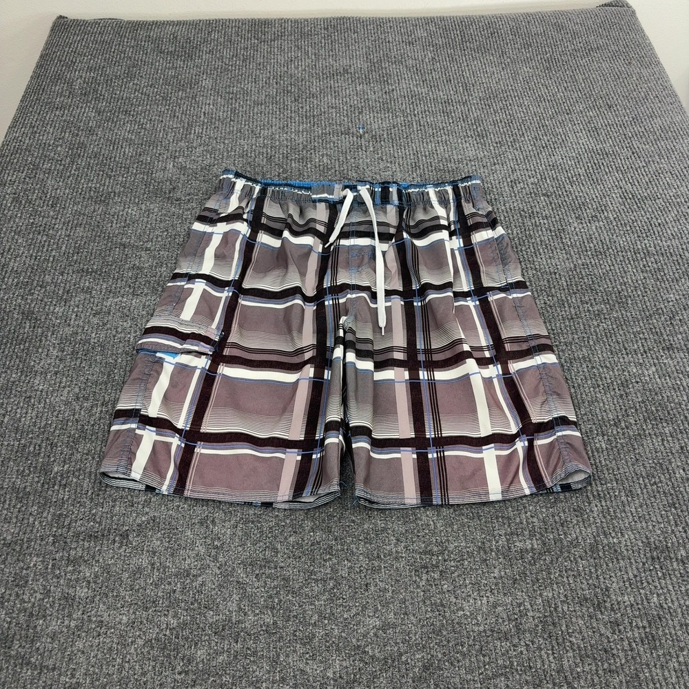 No Fear Board Shorts Mens L Grey Polyester Plaid Cargo Pocket Y2K Skate‎ Surf